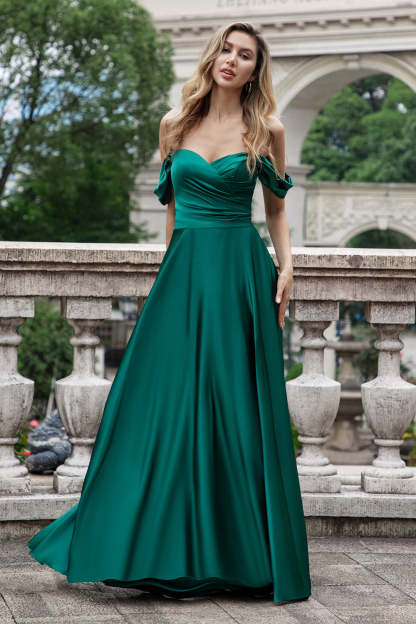 Leely Women Dark Green Bridesmaid Dress A Line Off the Shouder Satin Long Wedding Party Guest Dress