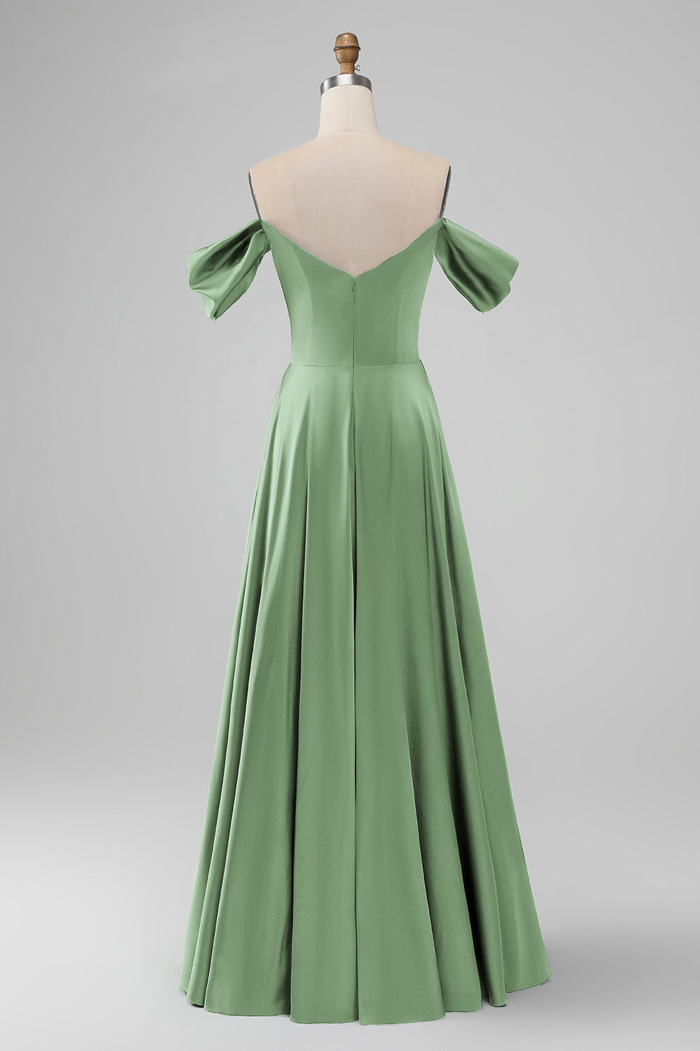 Dusty Sage Off the Shoulder Pleated A Line Satin Long Bridesmaid Dress