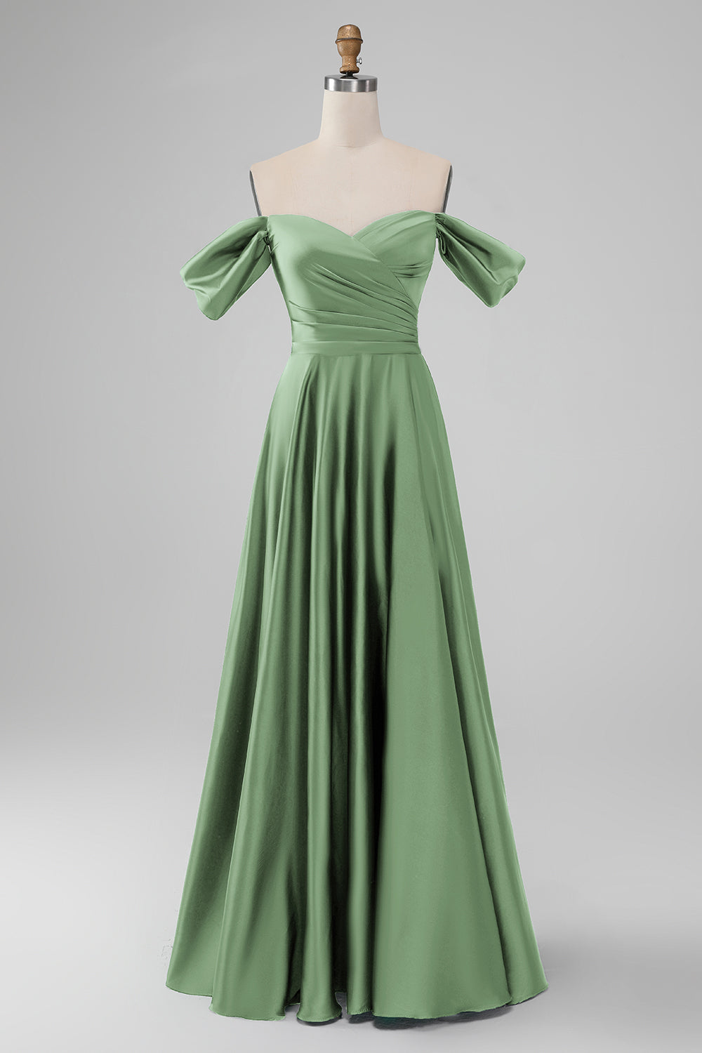 Dusty Sage Off the Shoulder Pleated A Line Satin Long Bridesmaid Dress