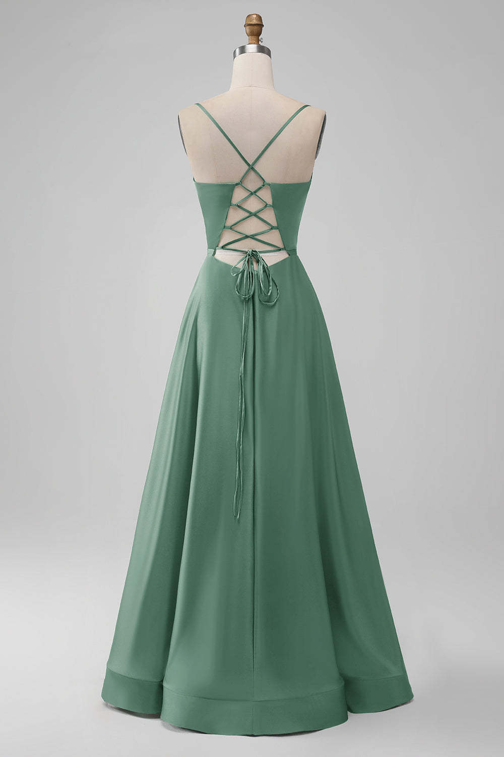 Dusty Rose Deep V Neck A-line Lace Up Satin Bridesmaid Dress