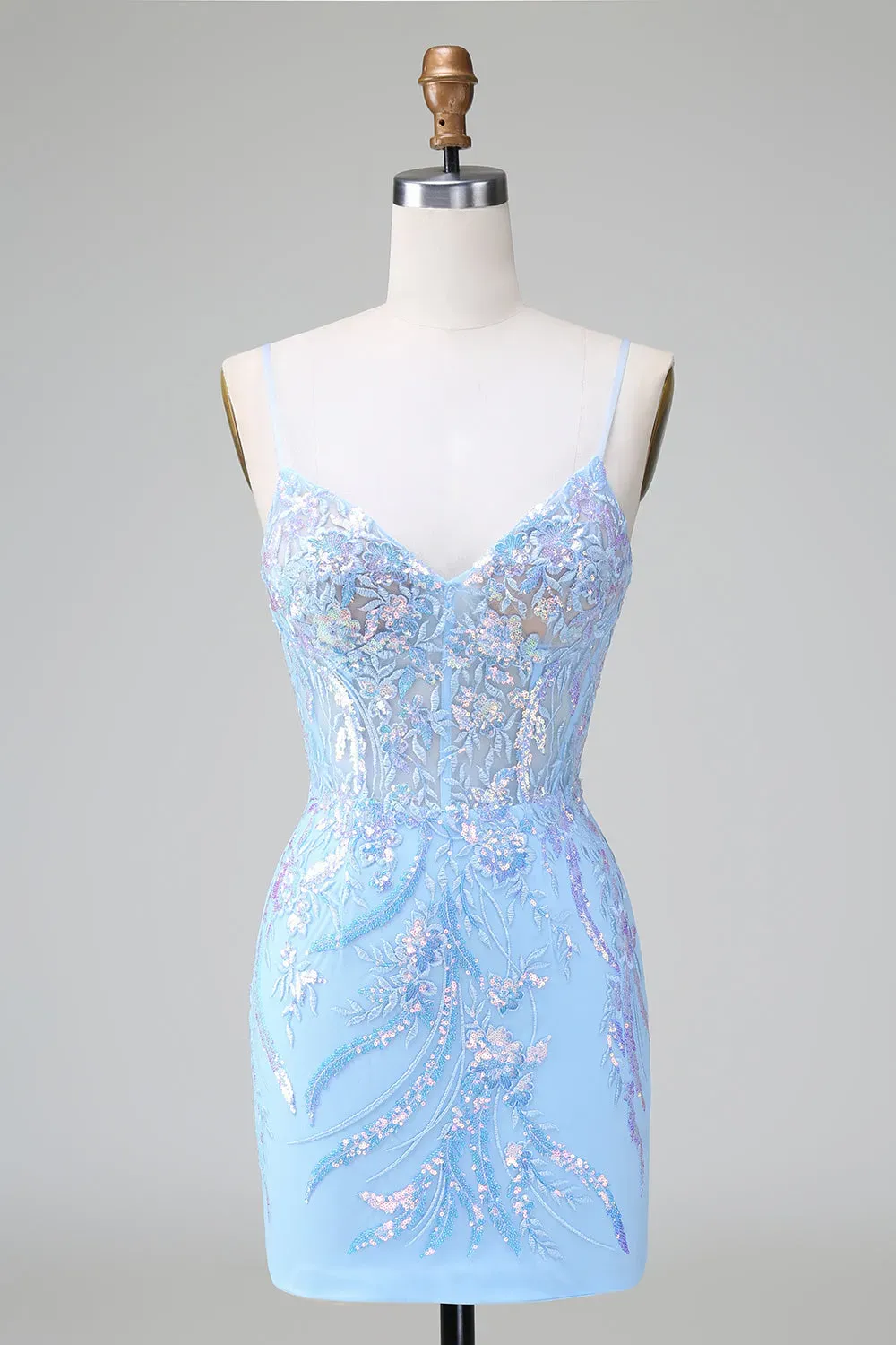 Glitter Lilac Blue Corset Sequins Bodycon Backless Short Homecoming Dress