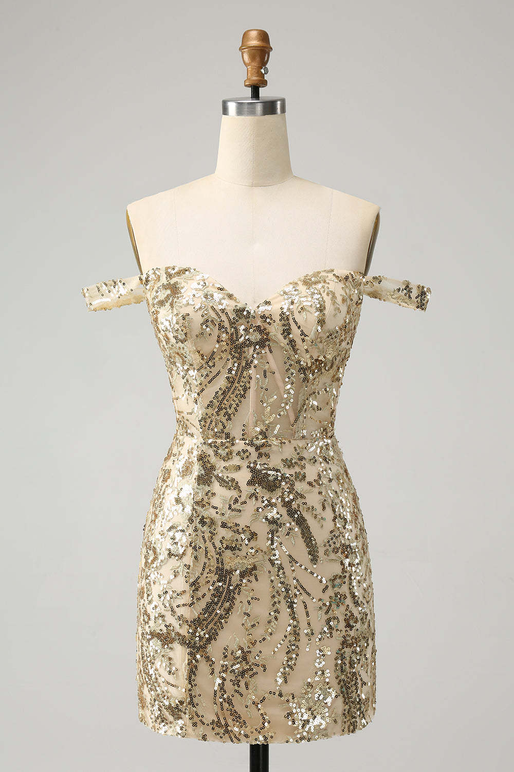 Leely Women Golden Mini Homecoming Dress with Sequins Sparkly Off The Shoulder Bodycon Cocktail Dress