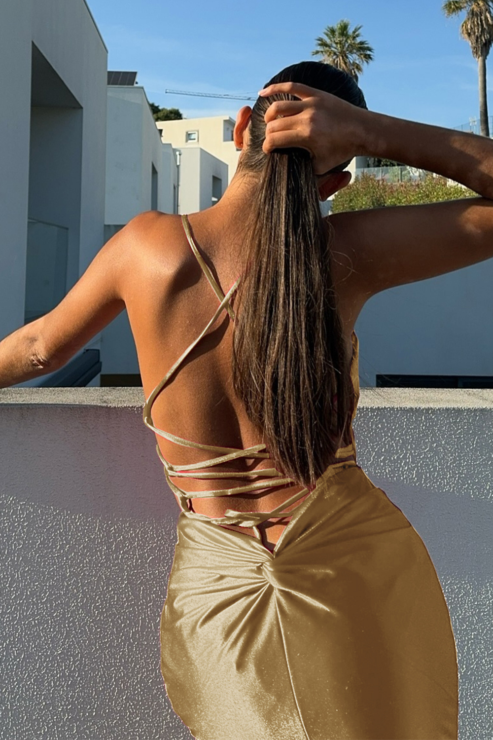 Gold Bodycon Spaghetti Straps Satin Homecoing Dress with Criss Cross Back