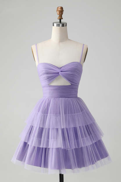 Leely Women Purple Homecoming Dress Hollow Out Tulle Tiered Mini A Line Party Dress