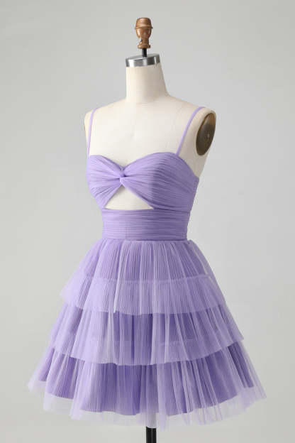 Purple Hollow Out Tulle Tiered Mini A Line Homecoming Dress