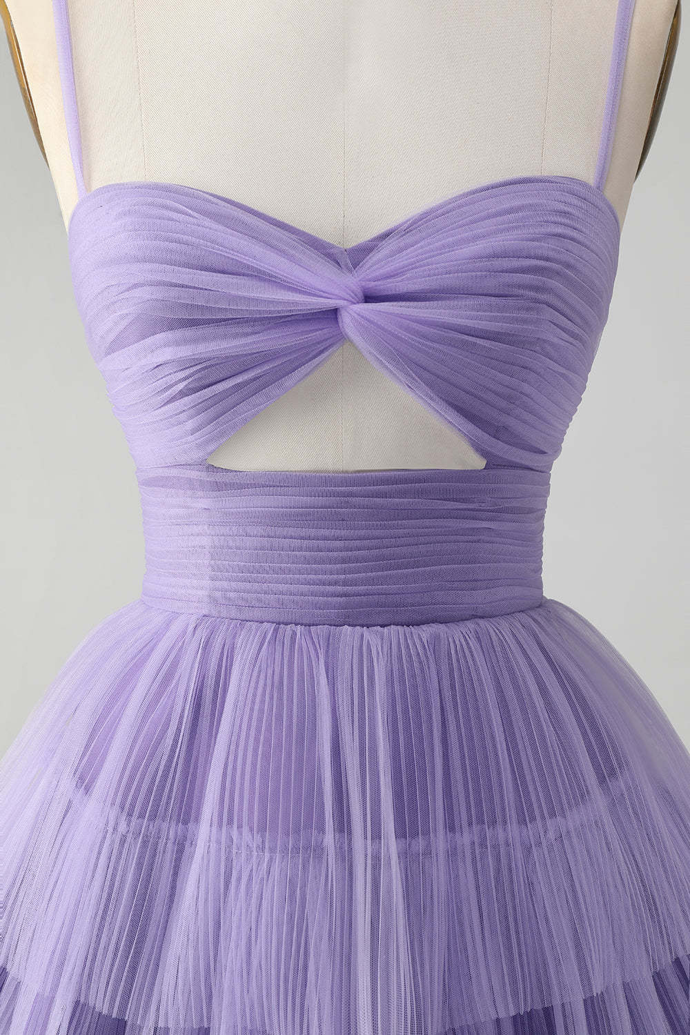 Purple Hollow Out Tulle Tiered Mini A Line Homecoming Dress
