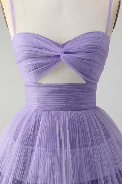 Purple Hollow Out Tulle Tiered Mini A Line Homecoming Dress