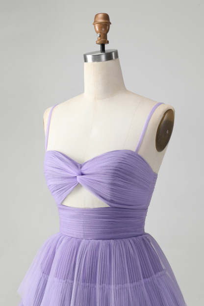 Purple Hollow Out Tulle Tiered Mini A Line Homecoming Dress