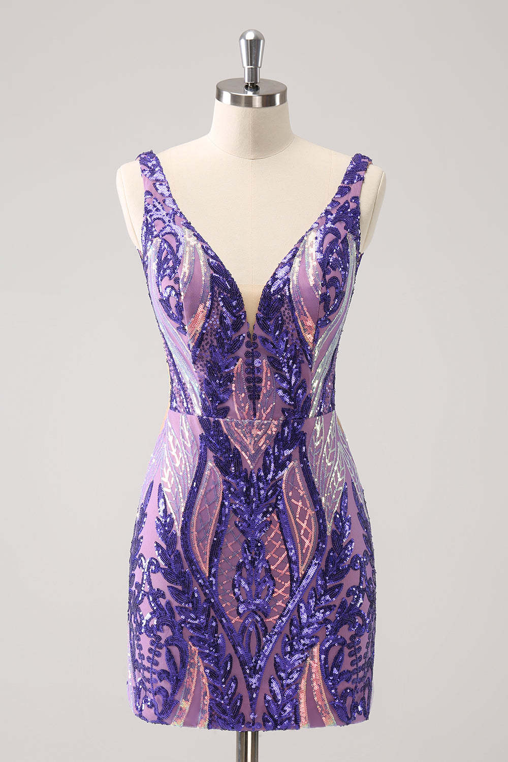 Leely Women Sparkly Dark Purple Tight Party Dress V Neck Sequined Embroidery Backless Short Homecoming Dress