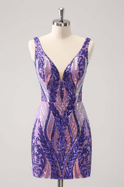 Leely Women Sparkly Dark Purple Tight Party Dress V Neck Sequined Embroidery Backless Short Homecoming Dress