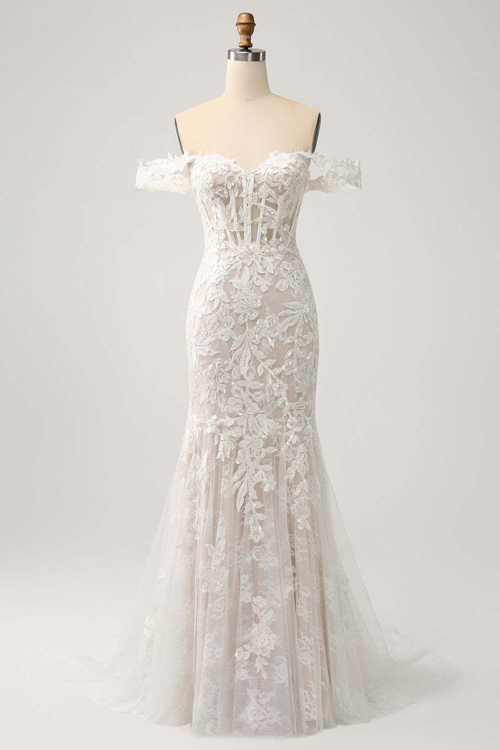 Leely White Off the Shoulder Sweetheart Applique Mermaid Sweep Train Bridal Dress
