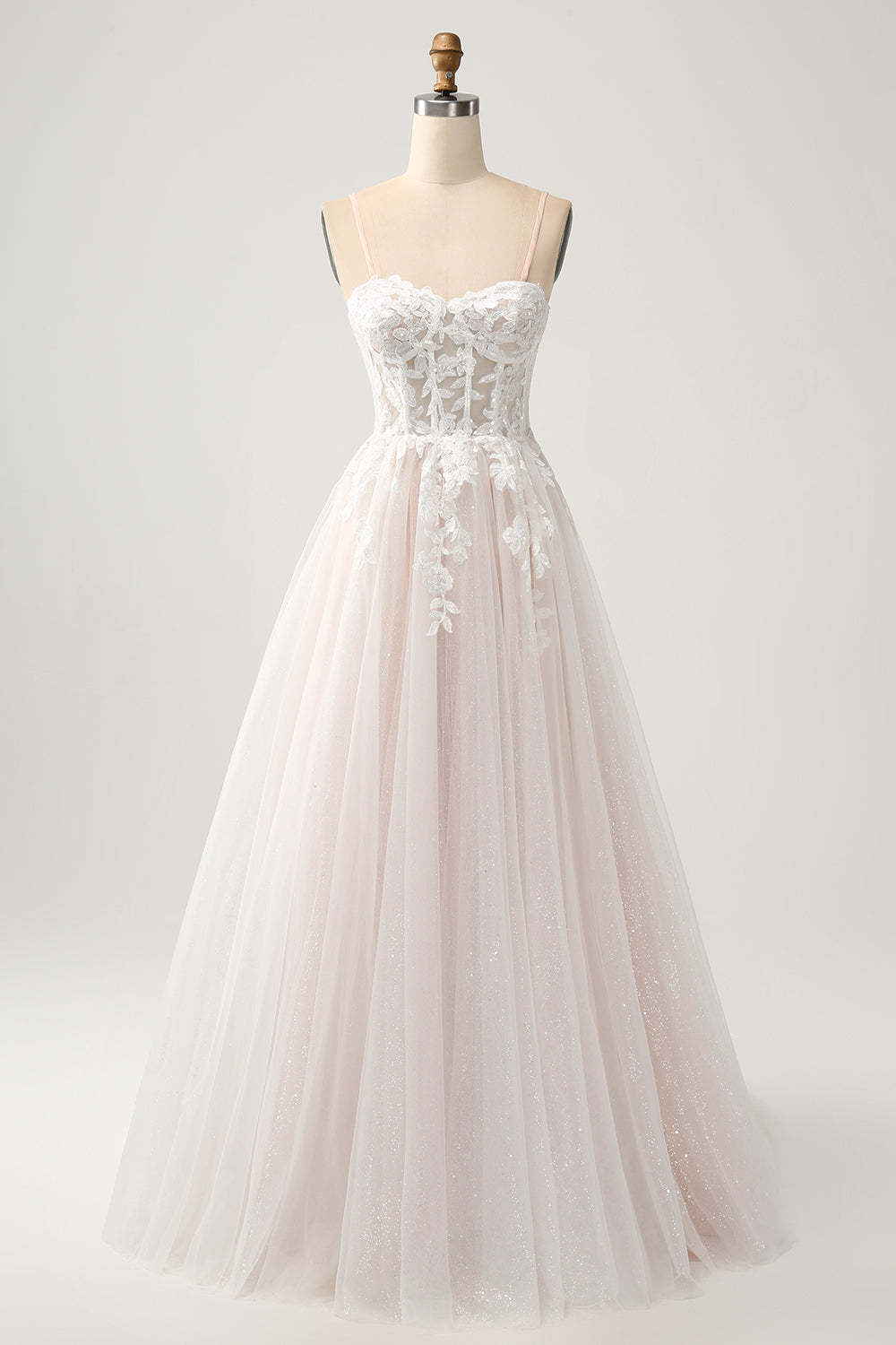 Sweetheart Detachable Spaghetti Straps Applique Sparkly A-Line Floor Length Bridal Dress