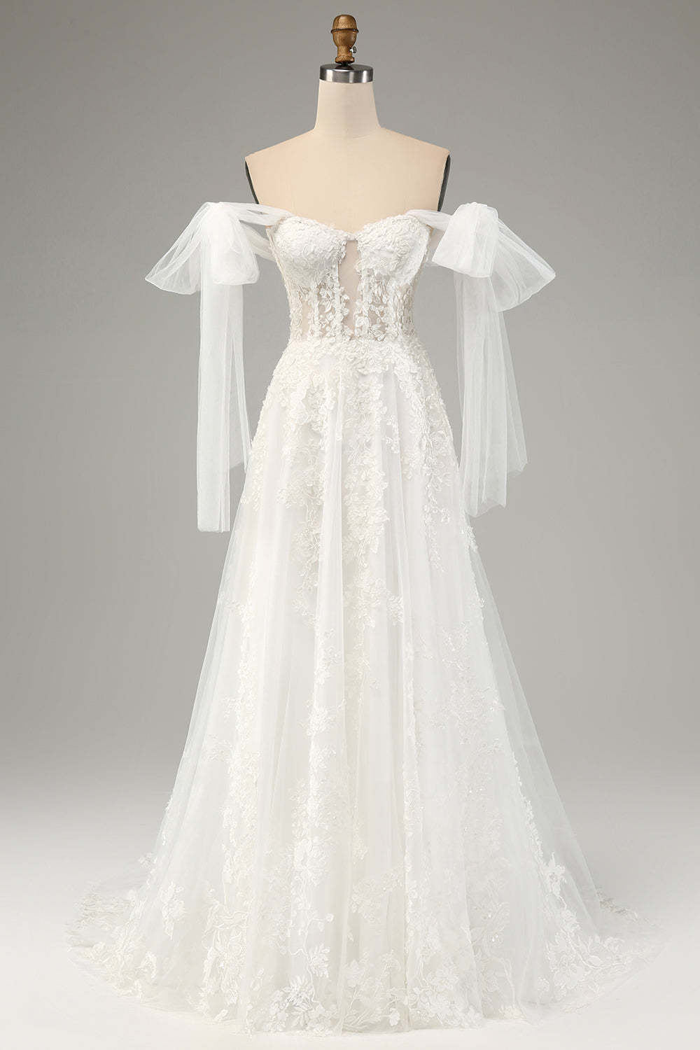 Leely Princess Embroidery Lace Up A-Line Tulle Bridal Dress with Convertible Sleeves