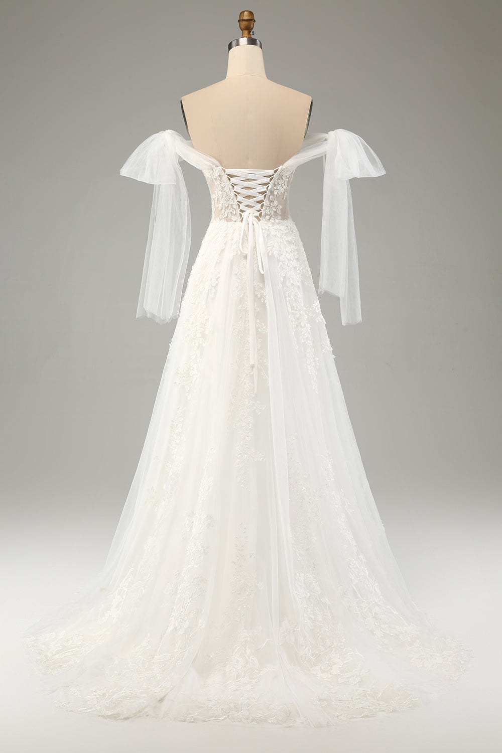 Princess Embroidery Lace Up A-Line Tulle Bridal Dress with Convertible Sleeves