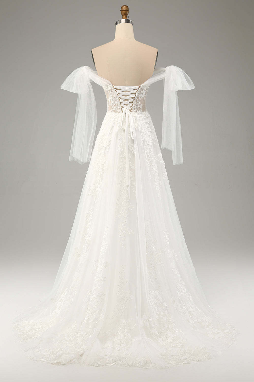 Princess Embroidery Lace Up A-Line Tulle Bridal Dress with Convertible Sleeves