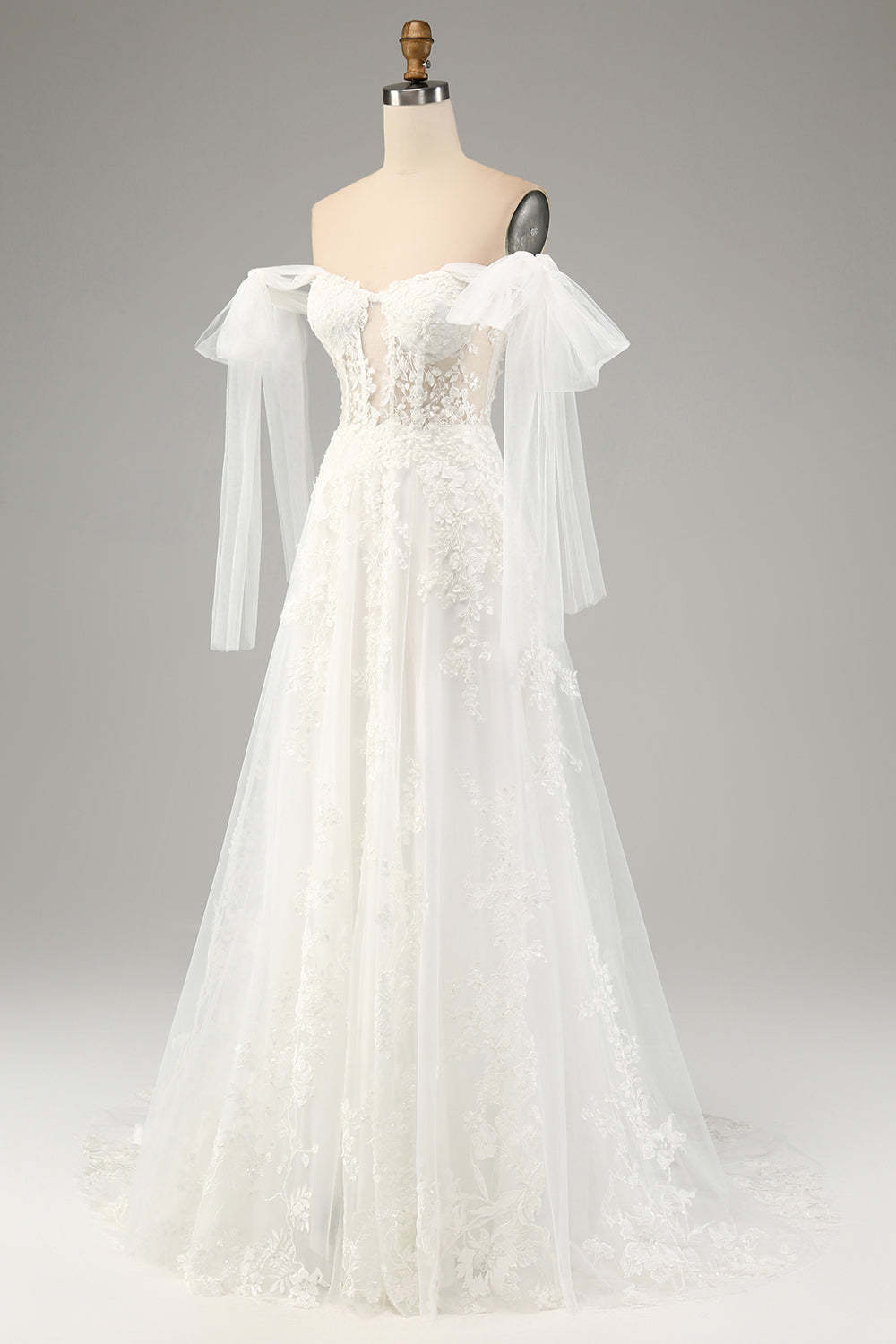 Princess Embroidery Lace Up A-Line Tulle Bridal Dress with Convertible Sleeves