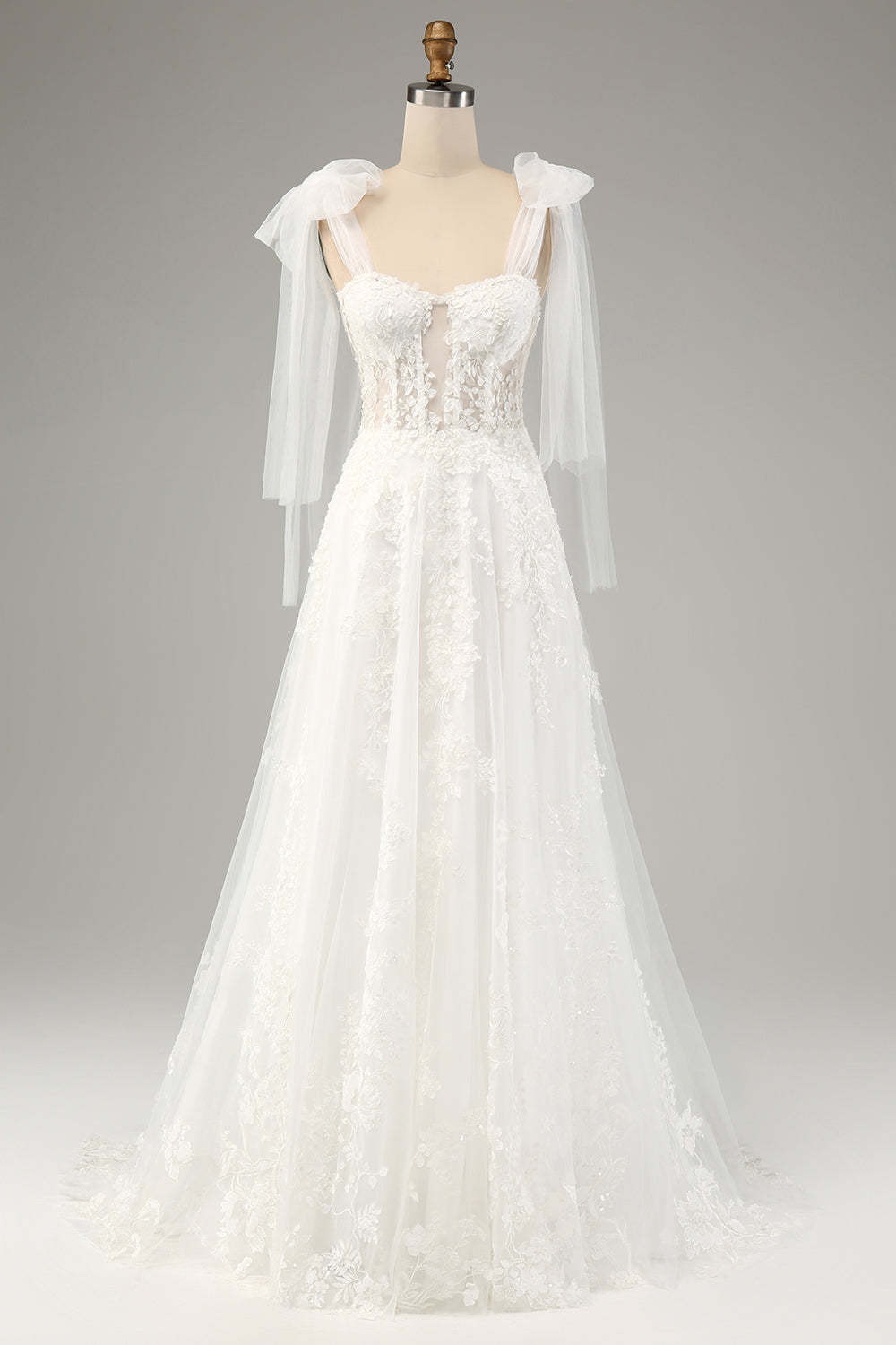 Princess Embroidery Lace Up A-Line Tulle Bridal Dress with Convertible Sleeves