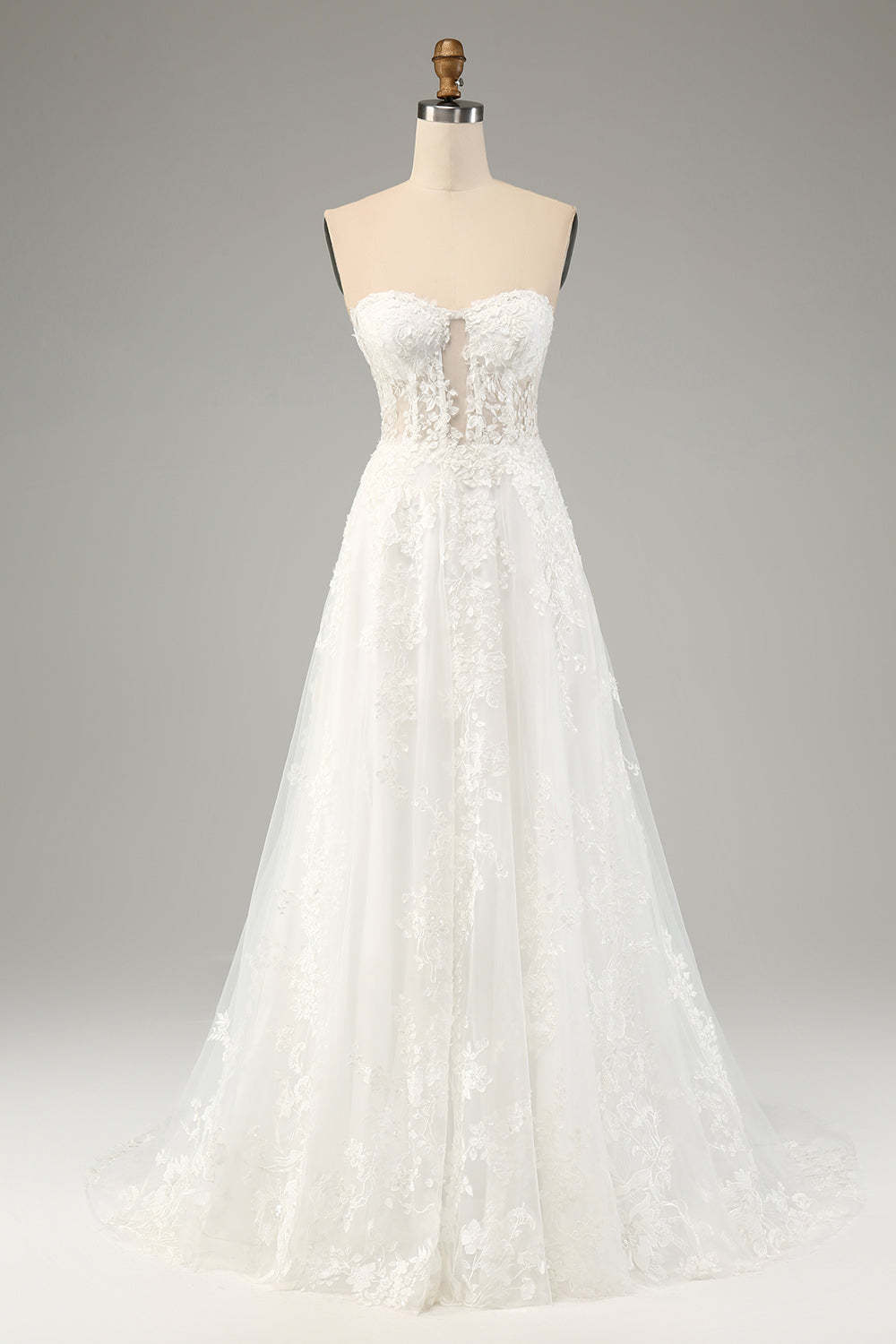 Princess Embroidery Lace Up A-Line Tulle Bridal Dress with Convertible Sleeves