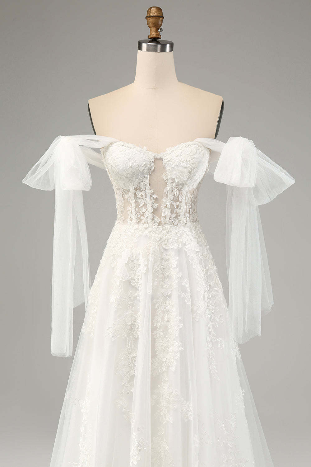 Princess Embroidery Lace Up A-Line Tulle Bridal Dress with Convertible Sleeves