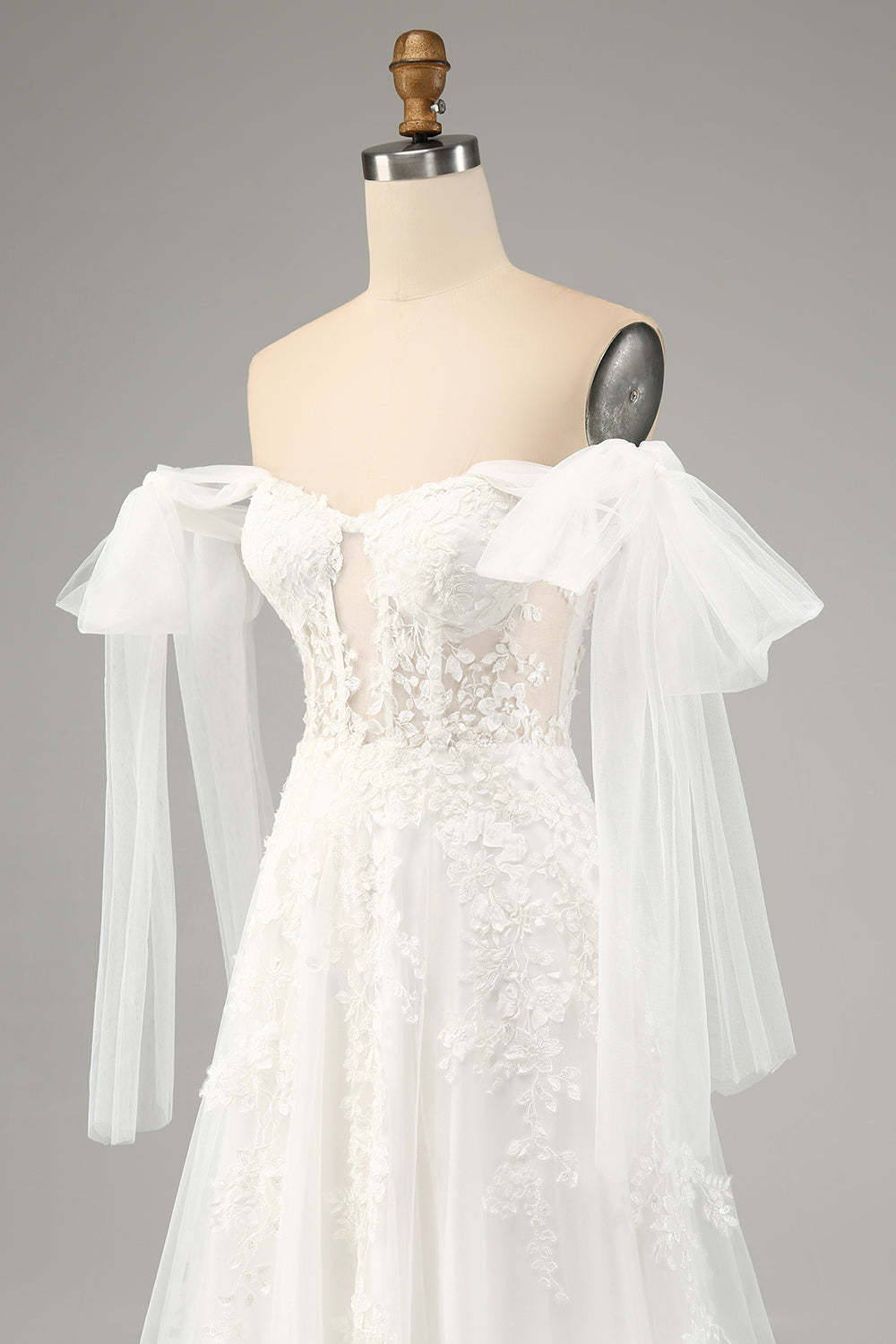 Princess Embroidery Lace Up A-Line Tulle Bridal Dress with Convertible Sleeves