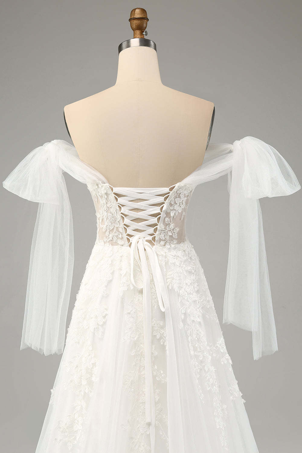 Princess Embroidery Lace Up A-Line Tulle Bridal Dress with Convertible Sleeves