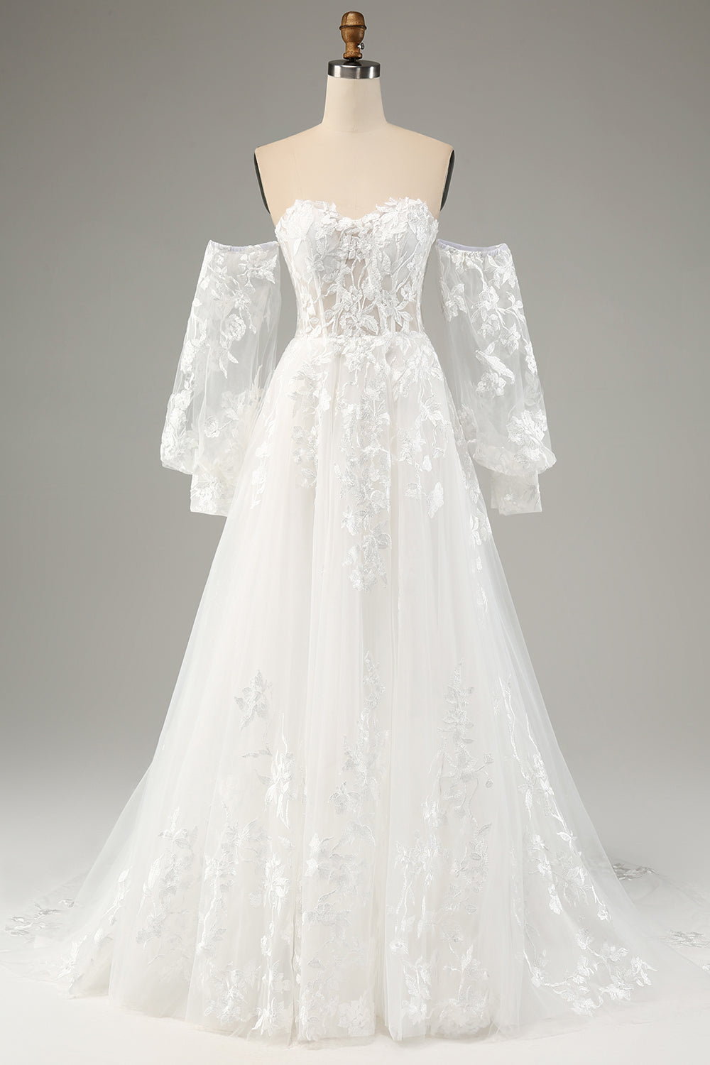 Detachable Long Sleeves Embroidery A-Line Tulle Sweep Train Bridal Dress