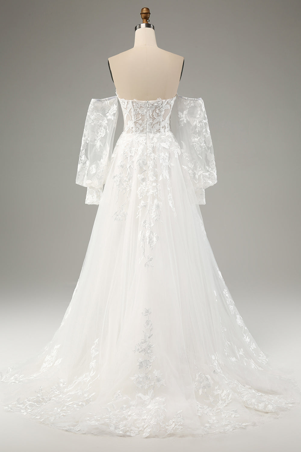 Detachable Long Sleeves Embroidery A-Line Tulle Sweep Train Bridal Dress