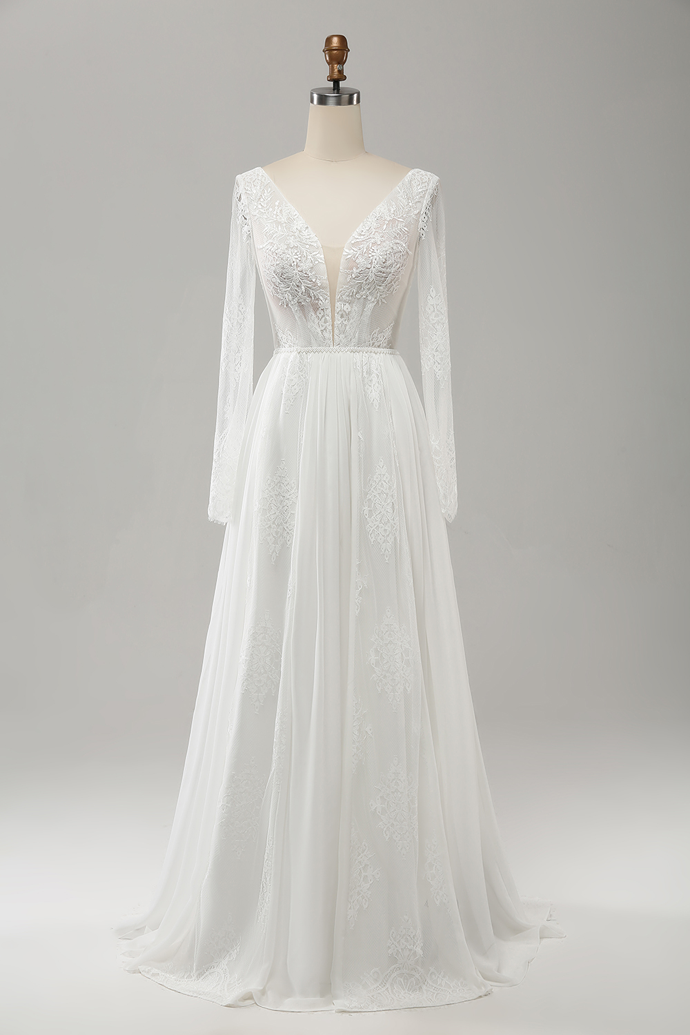 Leely Women White Long Wedding Dress A Line Boho Bridal Dress with Lace