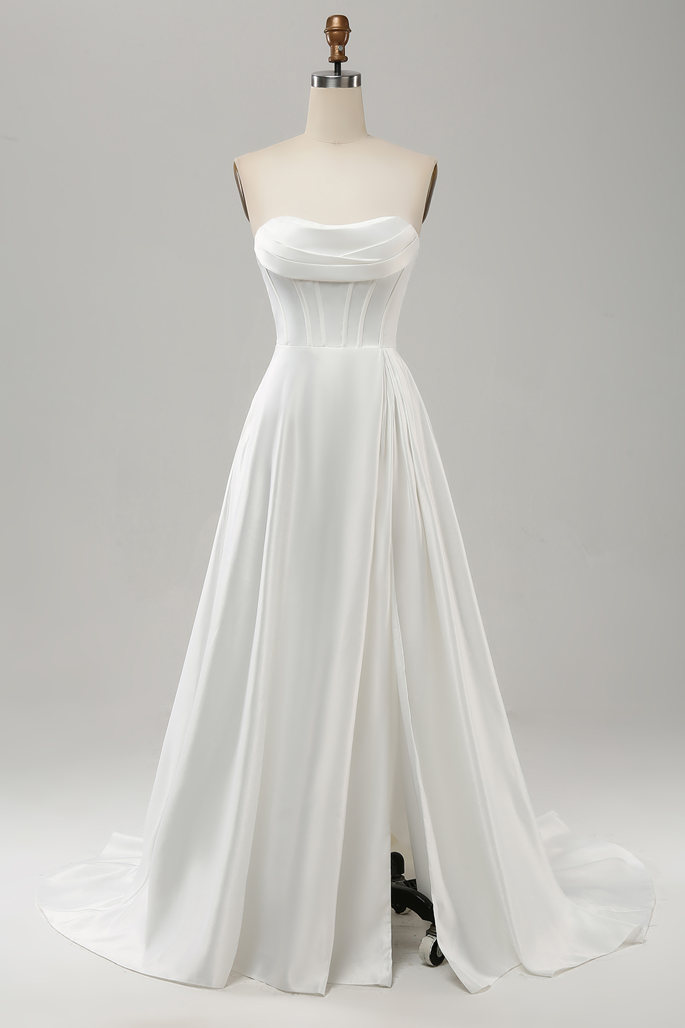 Leely Women White Elegant Long Wedding Dress Strapless Sweep Train Bridal Dress With Split