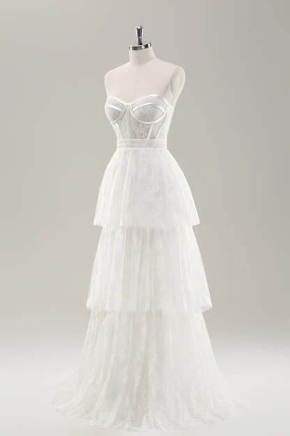 White Strapless Corset Tiered Long Wedding Dress