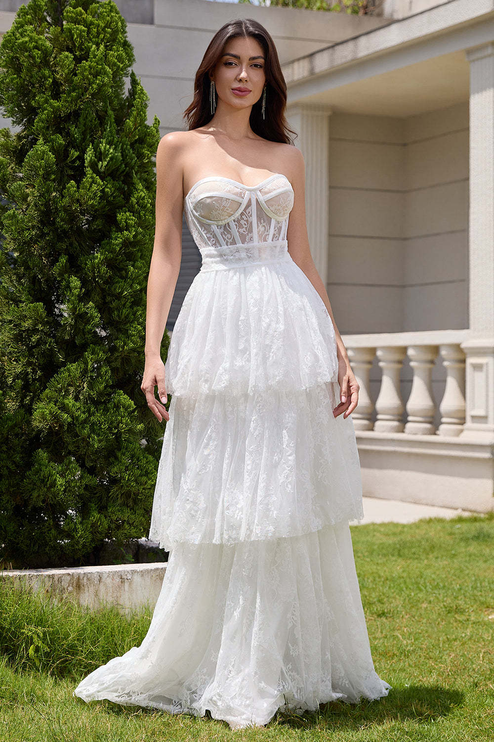 Leely Women White Strapless Corset Tiered Lace Wedding Dress with Sash Floor Length Bridal Dress