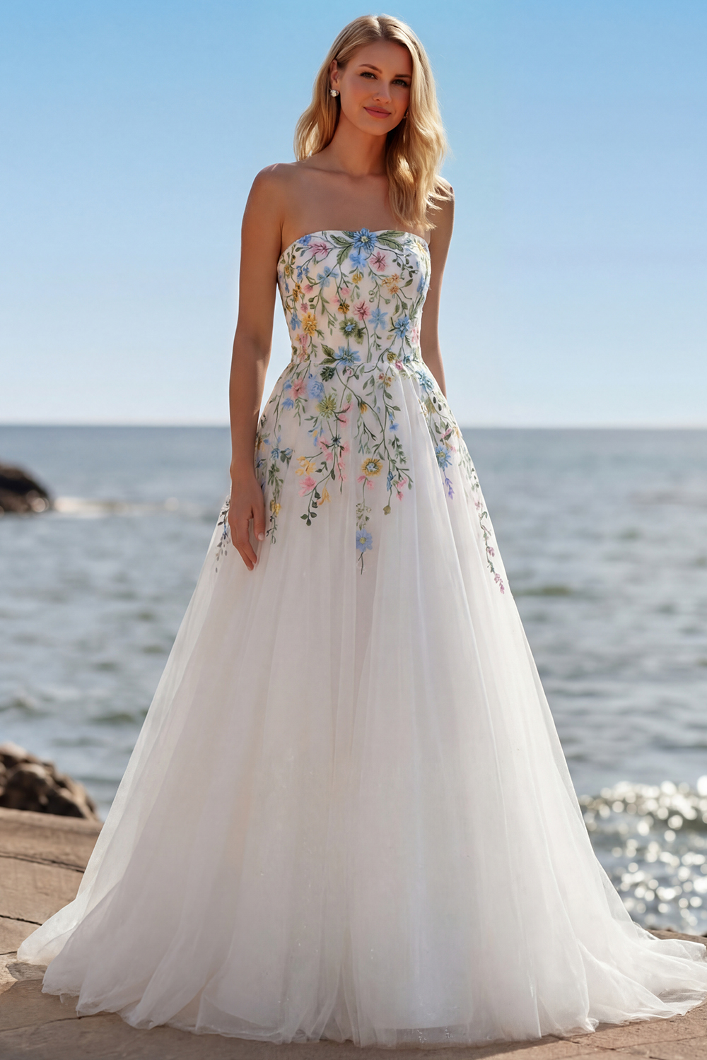 White A Line Strapless 3D Flowers Tulle Wedding Dress with Slit