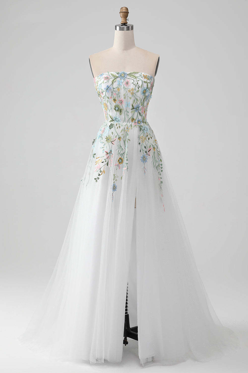 Leely Women Fairy White Wedding Dress with Slit Strapless 3D Flowers Tulle A-Line Bridal Dress