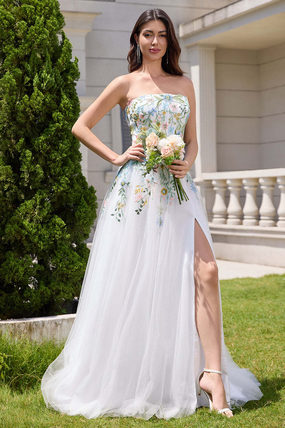 Fairy White A Line Strapless 3D Flowers Wedding Dress with Slit