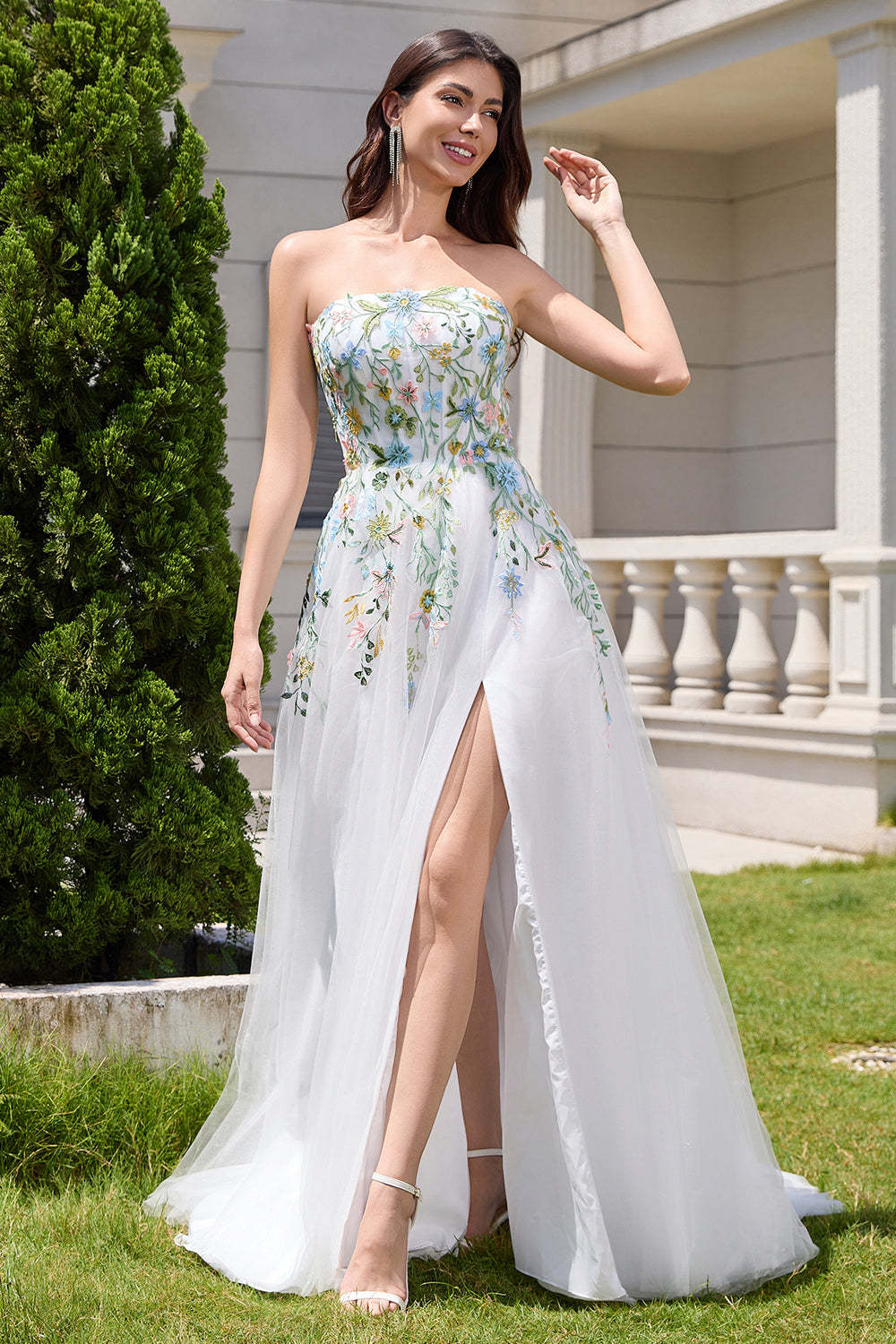 Fairy White A Line Strapless 3D Flowers Wedding Dress with Slit