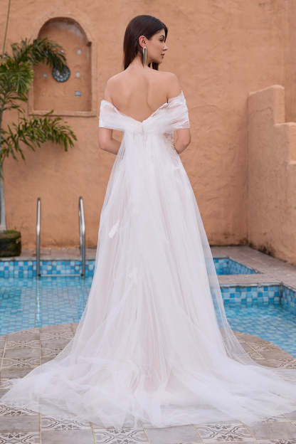 White A Line Off the Shoulder Applique Tulle Wedding Dress