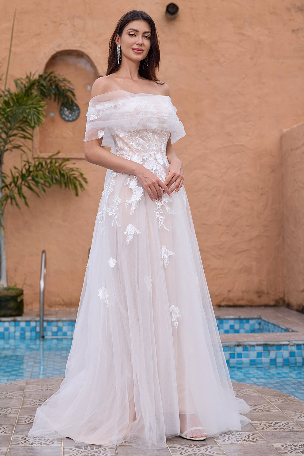 White A Line Off the Shoulder Applique Tulle Wedding Dress