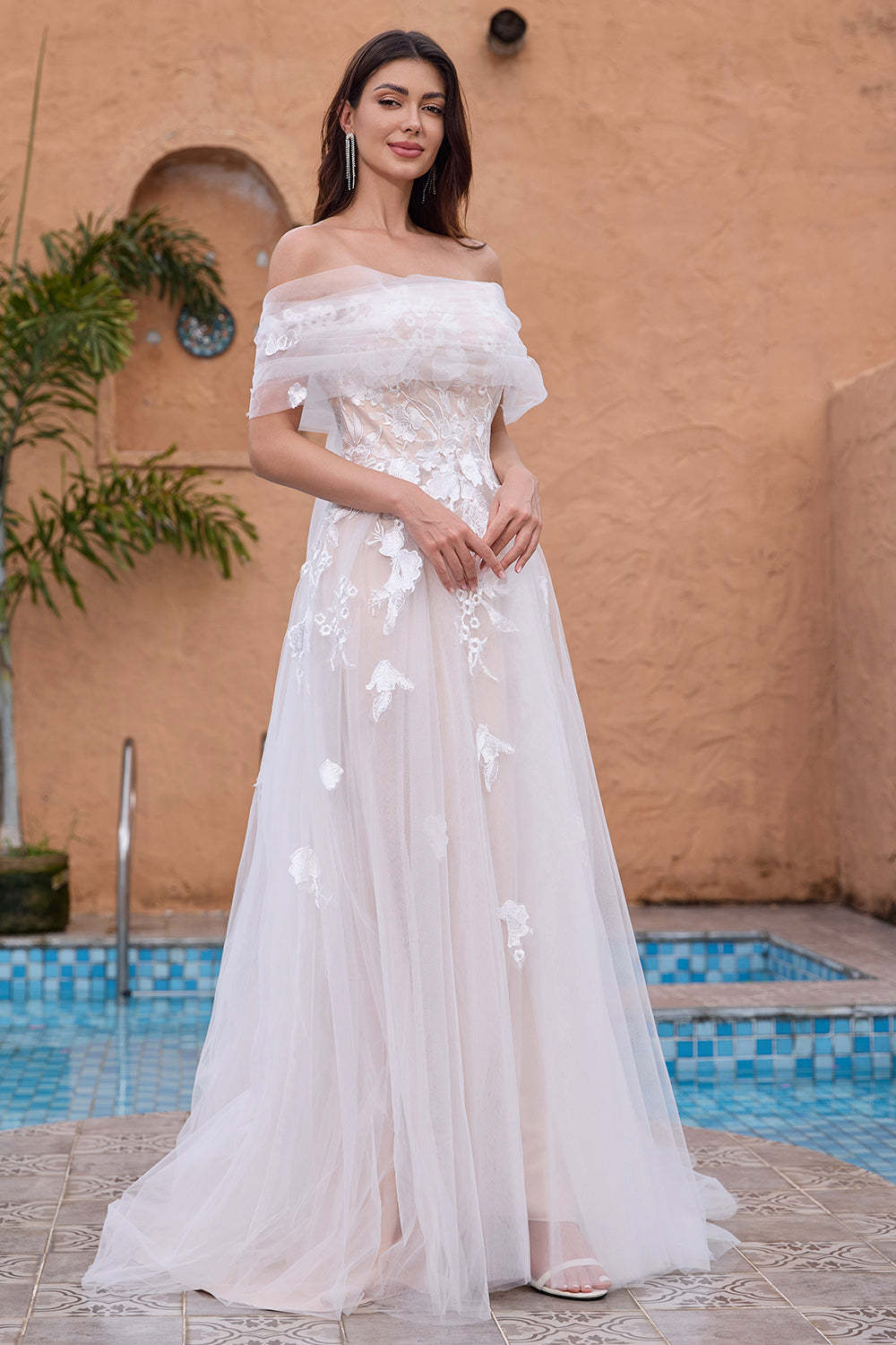 White A Line Off the Shoulder Applique Tulle Wedding Dress