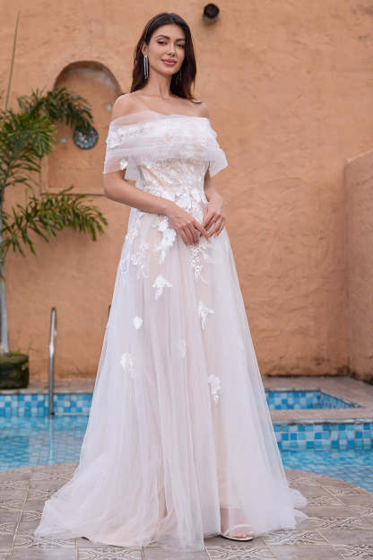 White A Line Off the Shoulder Applique Tulle Wedding Dress