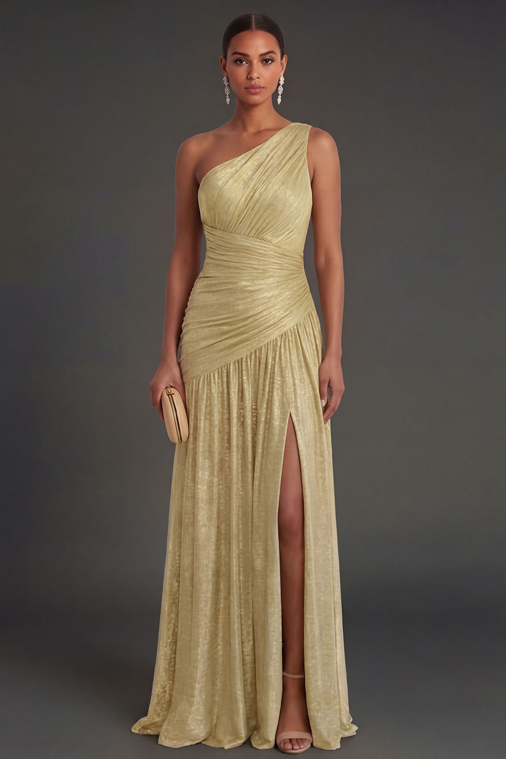 One Shoulder Gold Sheath Ruched Long Formal Dress with Slit