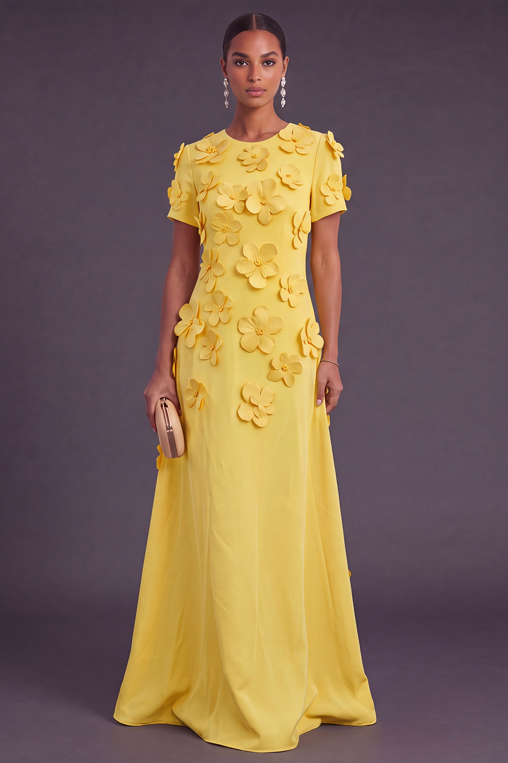 Leely Women Blue Floral Long Formal Dress A Line Round Neck Wedding Guest Dress with Sleeves