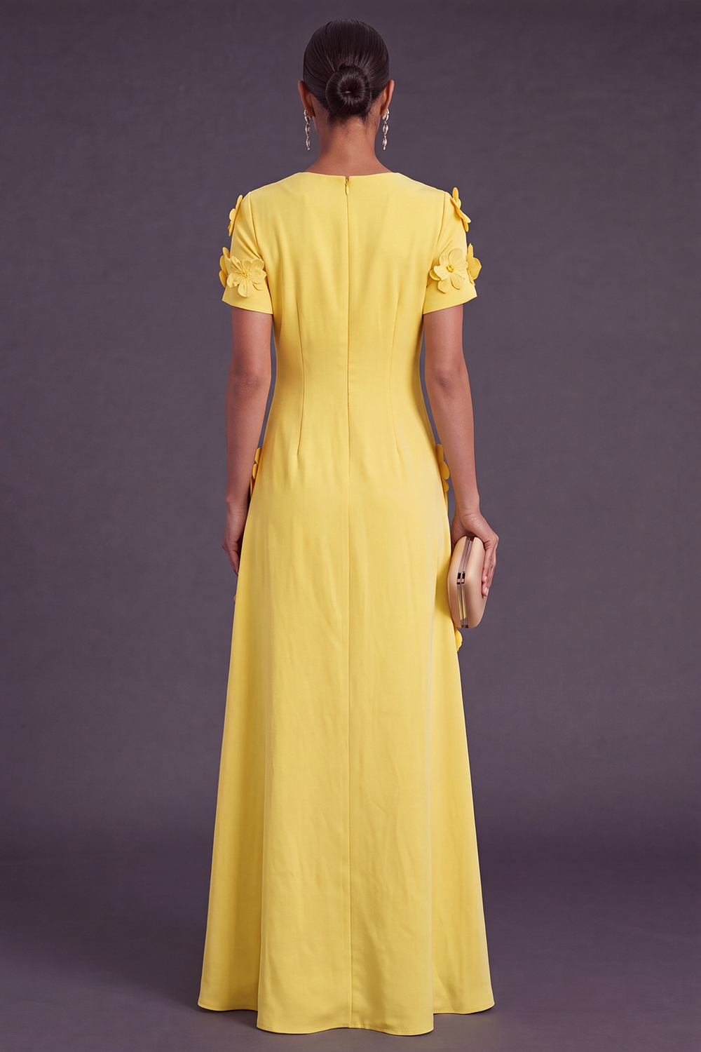 Blue Floral A Line Round Neck Long Formal Dress with Sleeves