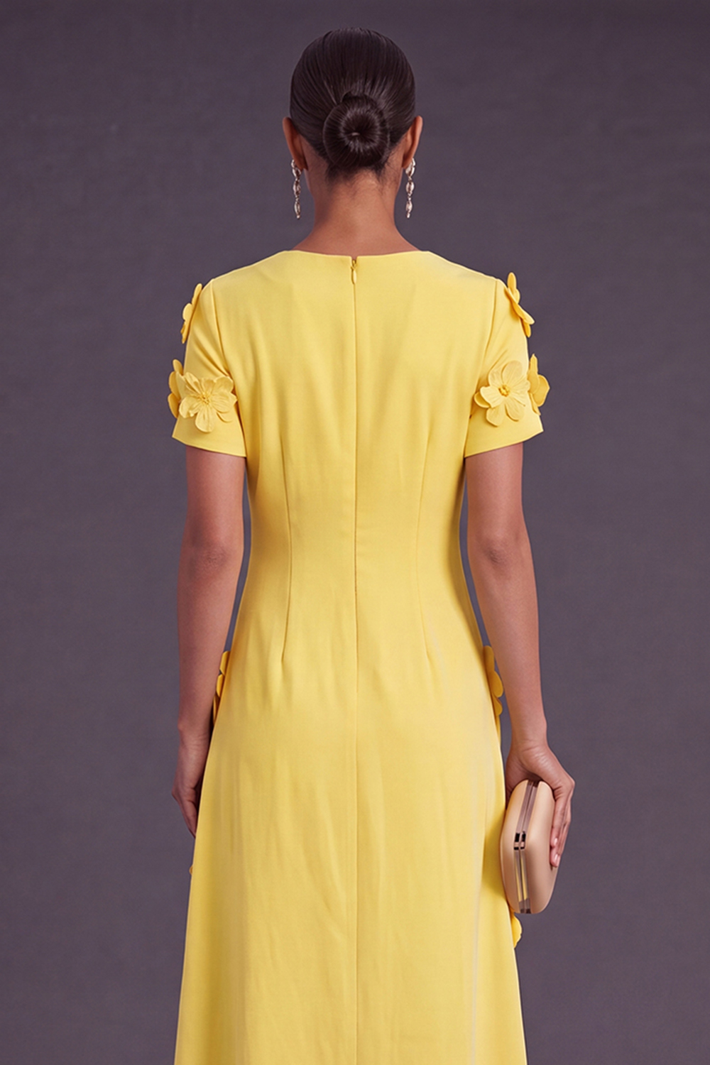 Blue Floral A Line Round Neck Long Formal Dress with Sleeves