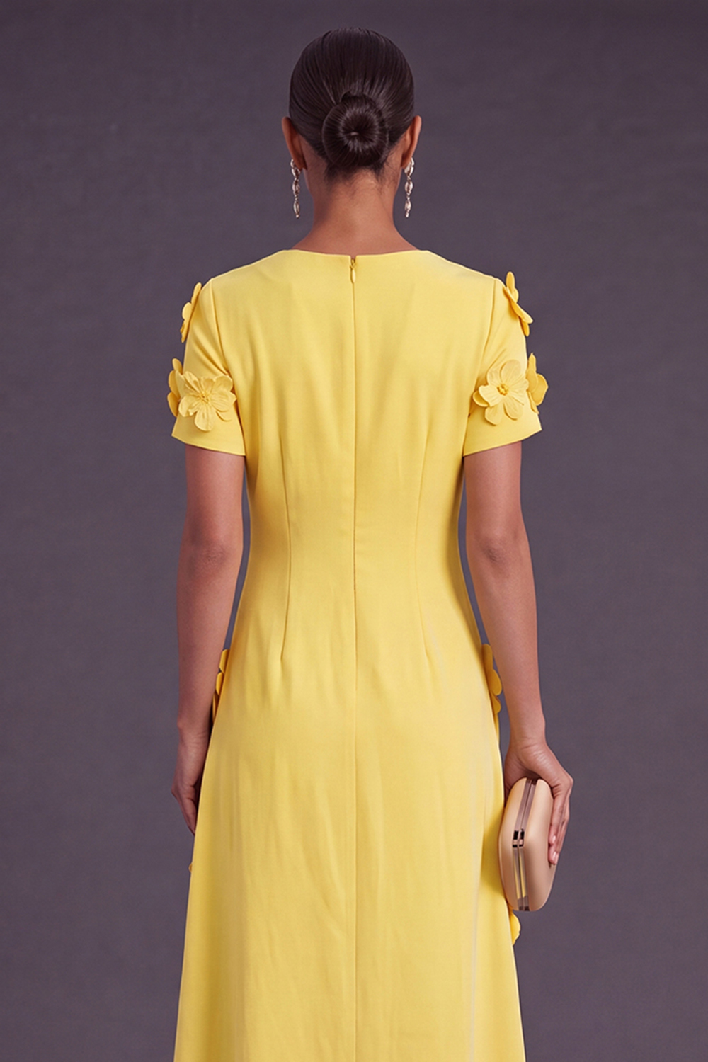 Blue Floral A Line Round Neck Long Formal Dress with Sleeves