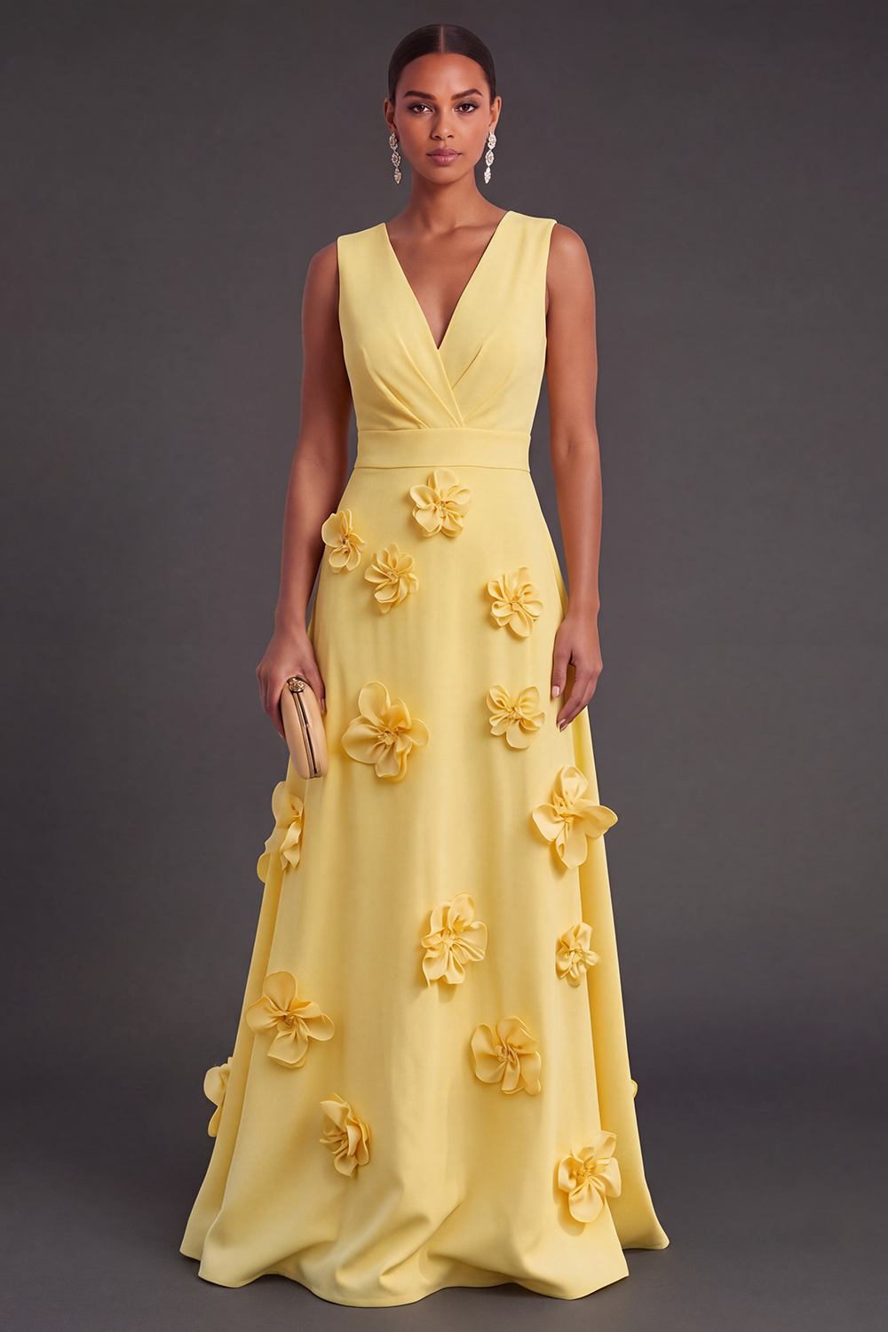 Leely Women Yello Floral Long Black Tie Dress Ruched A Line V-Neck Fall Wedding Guest Dress