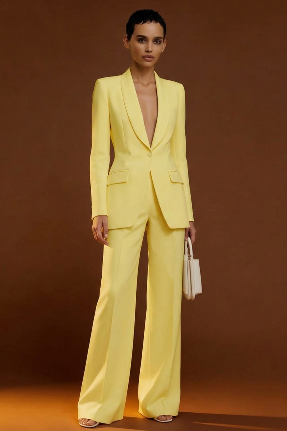 Leely Women Ivory 2 Piece Business Suits Shawl Lapel Single Breasted Work Pantsuits