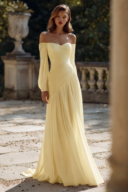 Simple Ivory Chiffon Sweep Train Ruched Wedding Dress with Sleeves