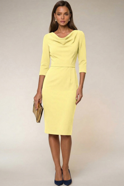 Navy Bodycon Cowl Neck Long Sleeves Midi Work Dress