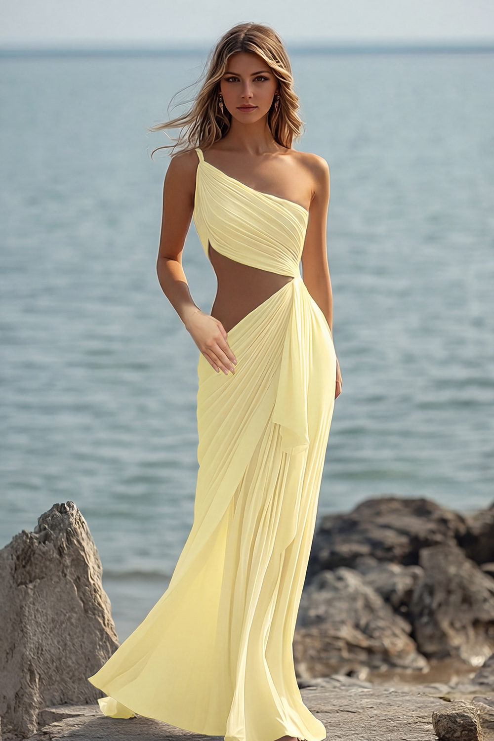 White Chiffon Sheath Cut-Out Maxi Rehearsal Dinner Dress