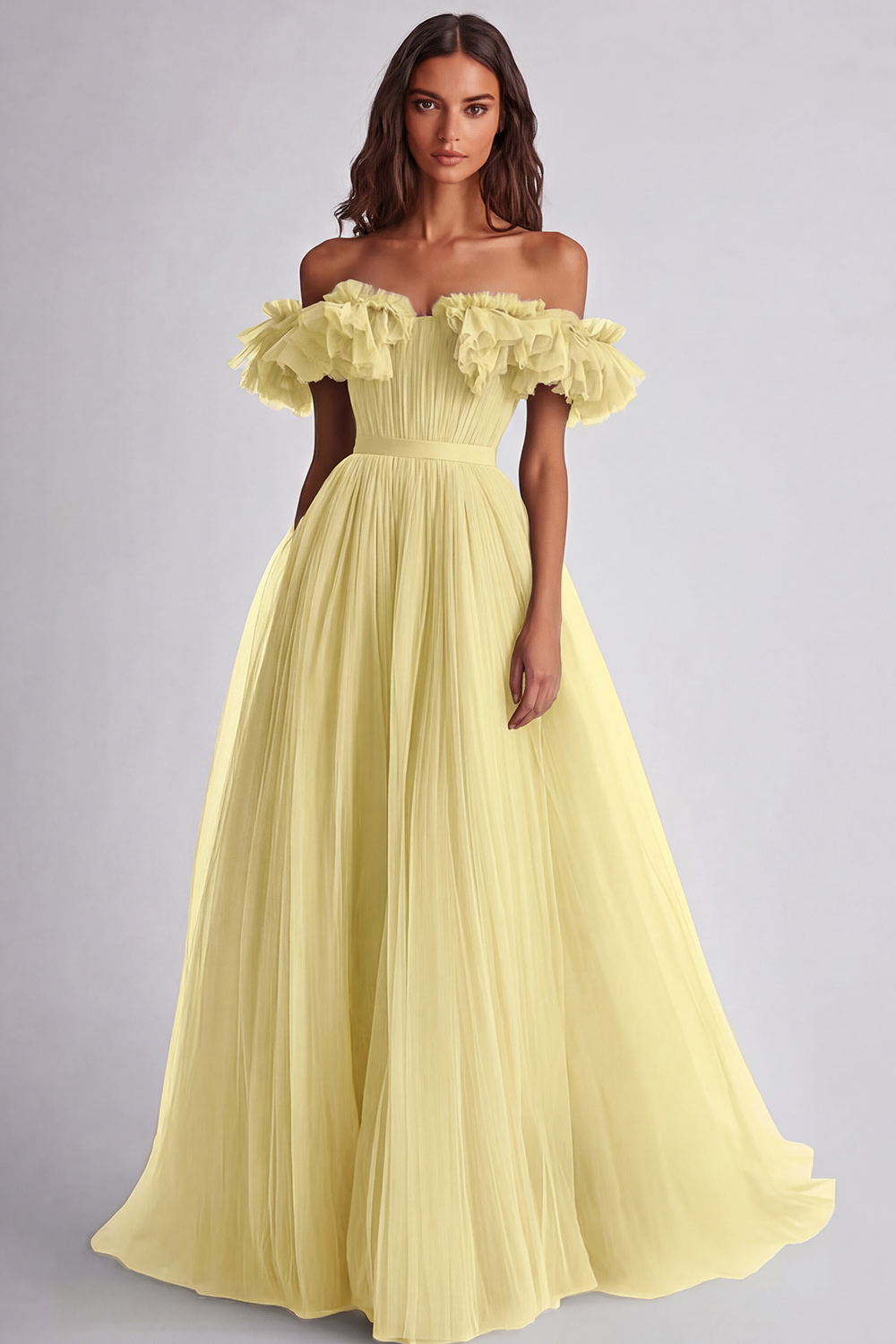 Dusty Sage A Line Tulle Long Wedding Guest Dress with Ruffles